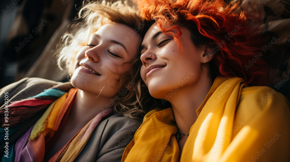Carefree queer people lying down together, photography. Carefree queer people lying down together, photography.