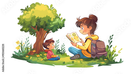 Illustration of a parent reading a storybook to a child in the park isolated on a transparent background, PNG