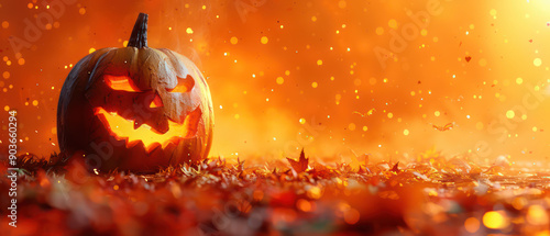 Happy Halloween Jack O Lantern Pumpkin with a spooky face on orange background. Holiday event halloween theme banner background concept for Ads, banner, website, social media photo