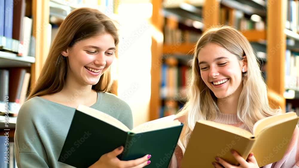 two female students reading books together in a library, smiling and engaged, surrounded by bookshelves, academic setting, studying, with copy space two female students reading books together in a library, smiling and engaged, surrounded by bookshelves, academic setting, studying, with copy space