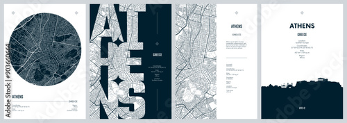 Set of travel posters with Athens, detailed urban street plan city map, Silhouette city skyline, vector artwork