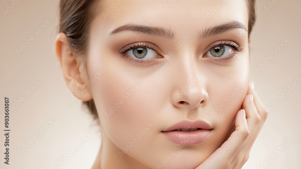 woman's face with beautiful, luminous skin. The soft, warm lighting highlights her flawless complexion woman's face with beautiful, luminous skin. The soft, warm lighting highlights her flawless complexion