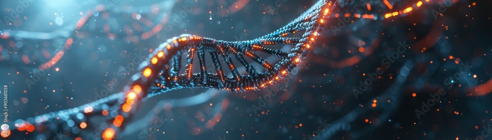 Futuristic DNA Strand with Glowing Elements in a High-Tech Environment, Representing Biotechnology and Genetic Research Futuristic DNA Strand with Glowing Elements in a High-Tech Environment, Representing Biotechnology and Genetic Research