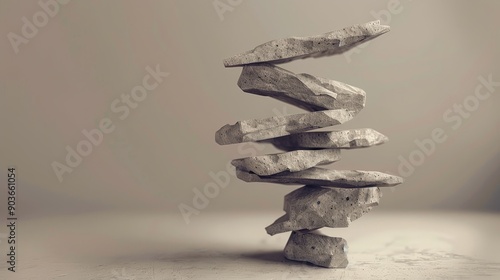 A balanced stack of gray stones against a light background. The stones are arranged in a precarious yet stable formation.