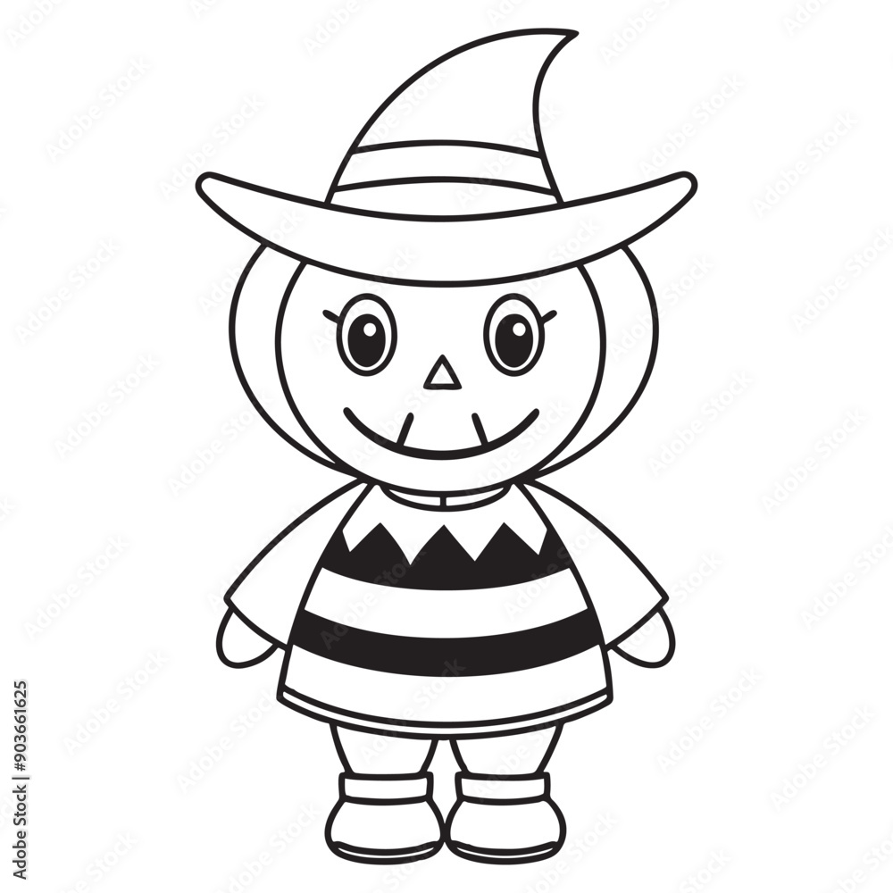 Fototapeta premium a cute cartoon pumpkin wearing a witch hat and striped dress for halloween