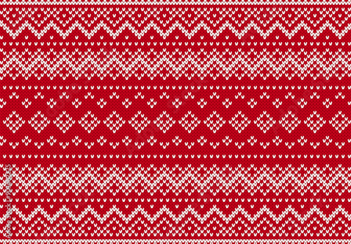 Fair isle traditional holiday background. Xmas print border. Red and white Christmas seamless ornament. Red knitted geometrical pattern. Festive sweater. Vector illustration.
