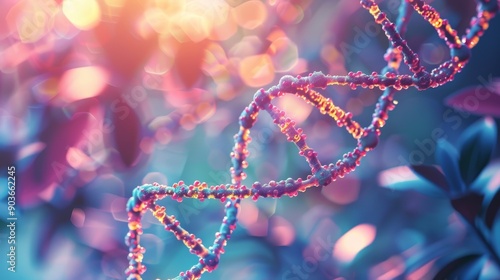 A vibrant, colorful DNA strand against a bokeh background, symbolizing the beauty and complexity of life's building blocks. photo