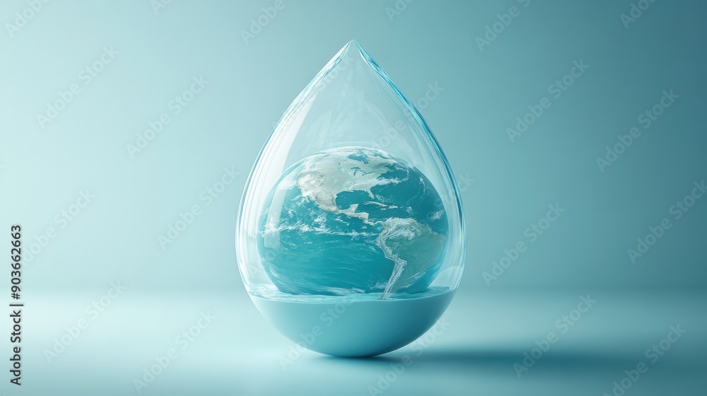 A depiction of Earth encapsulated in a water droplet, symbolizing global environmental conservation and water protection. A depiction of Earth encapsulated in a water droplet, symbolizing global environmental conservation and water protection.