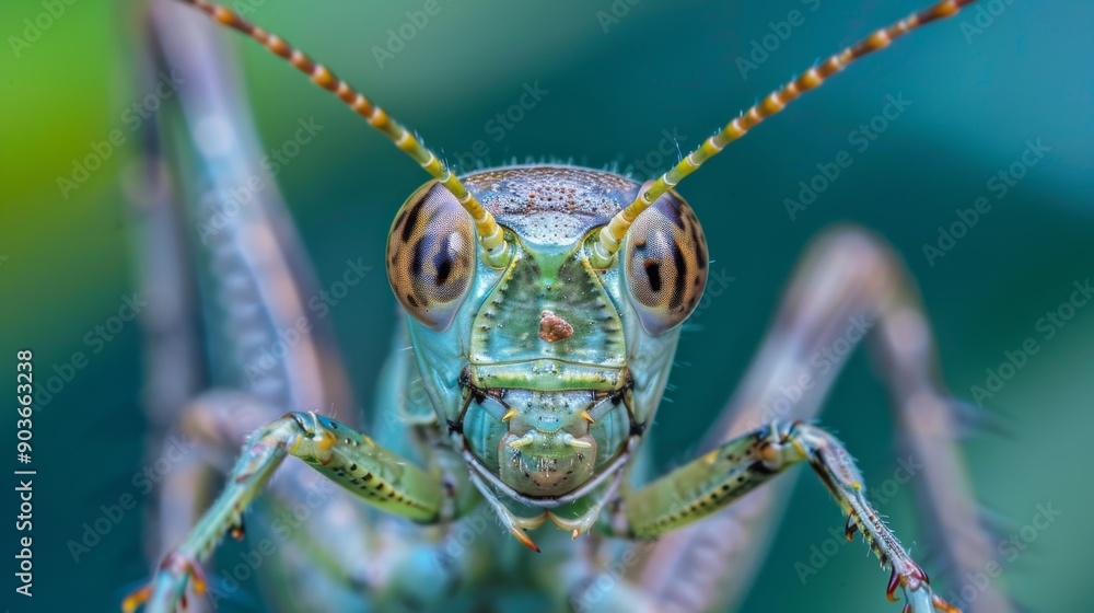 Close-up portrait of a vibrant green grasshopper with large, prominent eyes. Close-up portrait of a vibrant green grasshopper with large, prominent eyes.