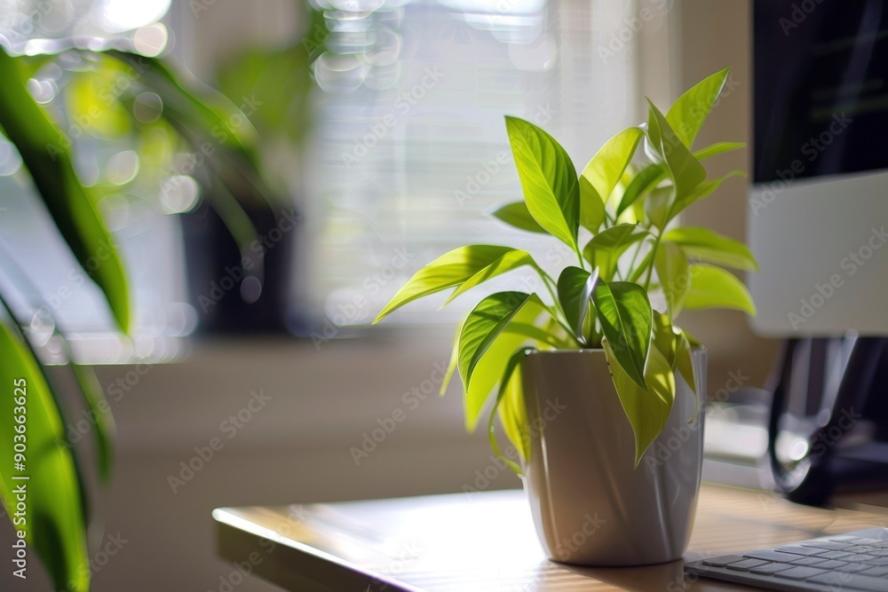 A potted plant with green leaves sits on a desk near a window. A potted plant with green leaves sits on a desk near a window.