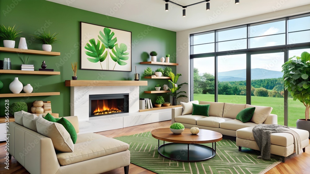Mid-Century Modern Living Room Interior Design - Brown Leather Chairs and Grey Sofa with Fireplace Mid-Century Modern Living Room Interior Design - Brown Leather Chairs and Grey Sofa with Fireplace
