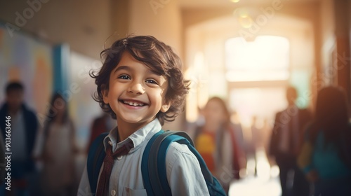 Smiling child standing in a well-lit school corridor