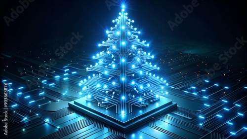 Futuristic Technology Holiday: Neon Blue Microchip Christmas Tree with Luminescent Circuitry Lights on Motherboard Base - Digital Celebration Concept