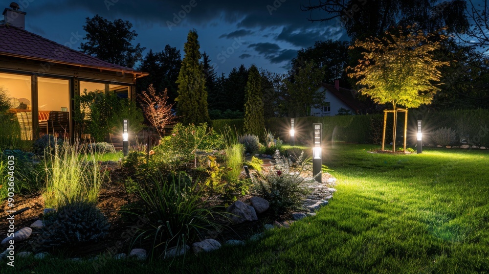 Obraz premium Elegant and Modern Garden LED Lighting Illuminating the Space Modern Landscaping Theme.
