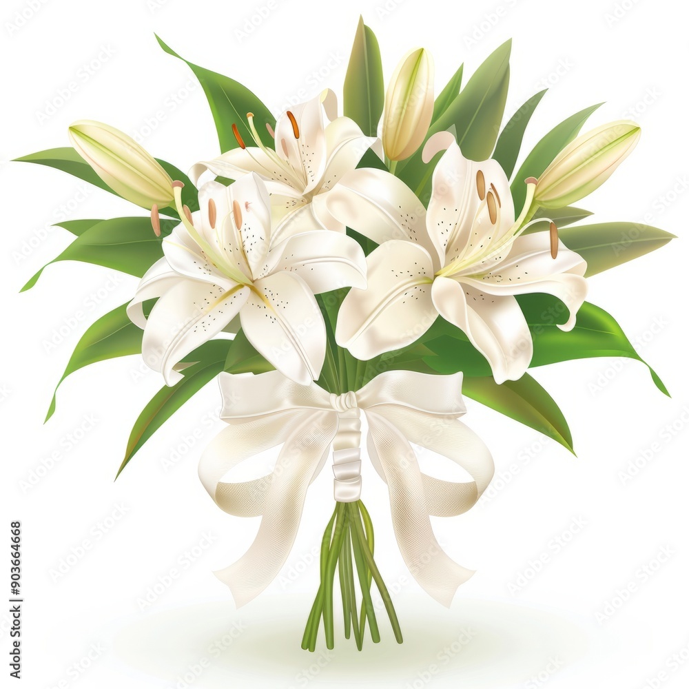 Fototapeta premium A beautiful lilly bouquet decorated with ribbon and bow wedding flower petal isolated