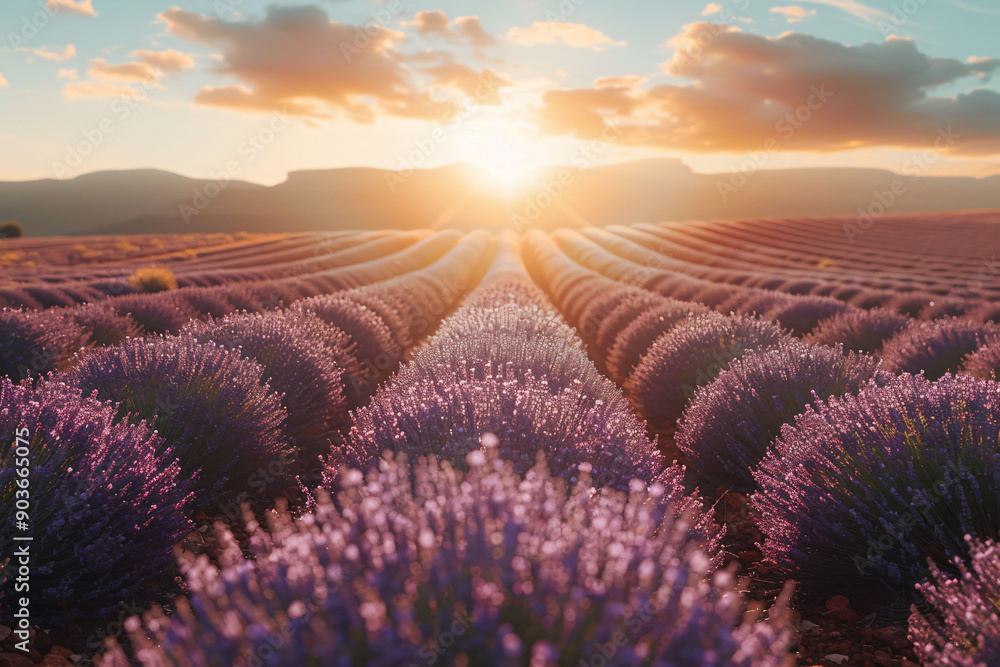 Lavender field in full bloom at sunrise, with mountains in the background. Lavender field in full bloom at sunrise, with mountains in the background.