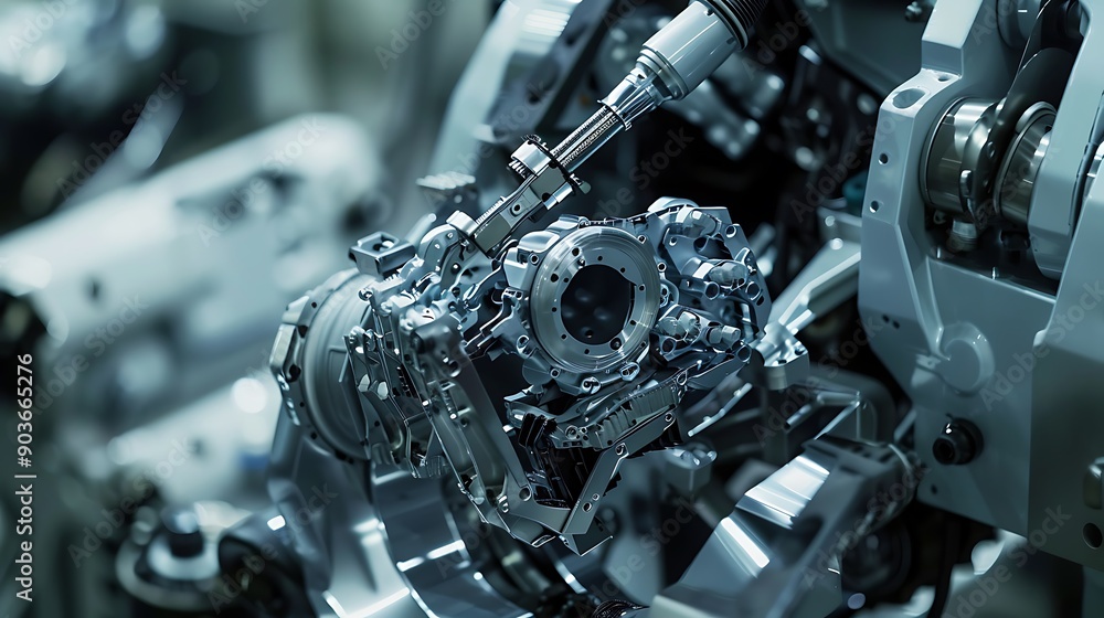 Close up of a complex industrial machine, showcasing intricate metal gears and components. The image represents the power and precision of modern manufacturing.