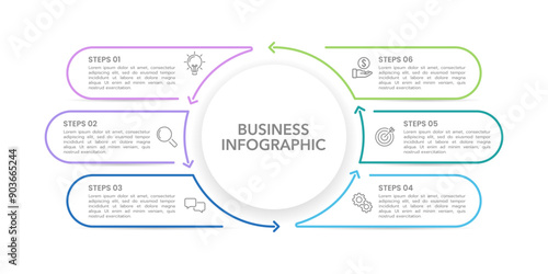 6 process infographic thin line design template. Business presentation, Planning, Workflow, Marketing, Brochure and Banner. Vector illustration.