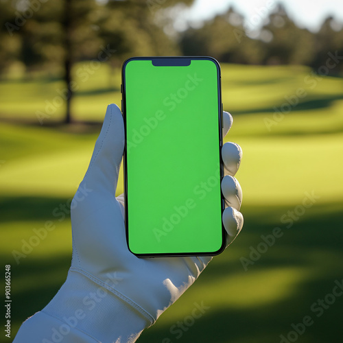 person wearing golf glove holding a smartphone mockup with green screen at golf course.