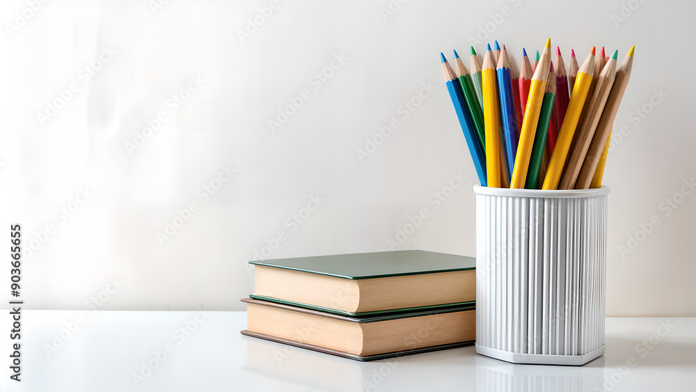 Green books and a cup of colorful pencils on a white background. Perfect for education or office-themed projects. Green books and a cup of colorful pencils on a white background. Perfect for education or office-themed projects.