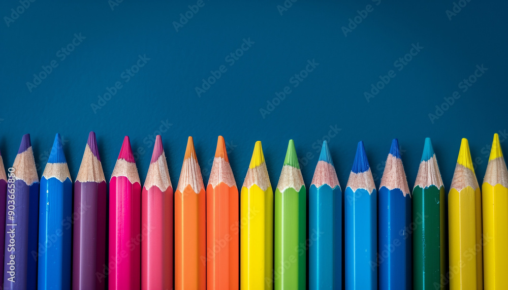 A row of colorful sharpened pencils neatly arranged against a solid blue background, showcasing various vibrant colors and ready for use. A row of colorful sharpened pencils neatly arranged against a solid blue background, showcasing various vibrant colors and ready for use.