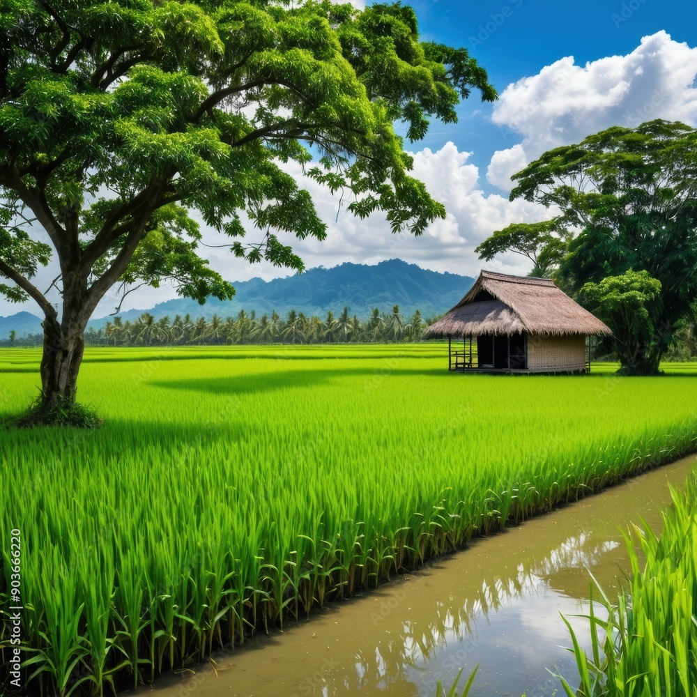 Serene Rice Paddy Retreat: A tranquil escape amidst lush green rice fields, a traditional hut nestled under a sprawling tree with majestic mountains in the distance. Serene Rice Paddy Retreat: A tranquil escape amidst lush green rice fields, a traditional hut nestled under a sprawling tree with majestic mountains in the distance.