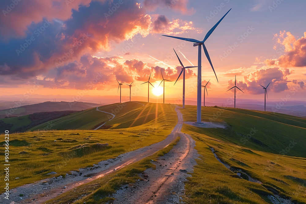 Obraz premium Wind Turbines on a Hilltop at Sunset