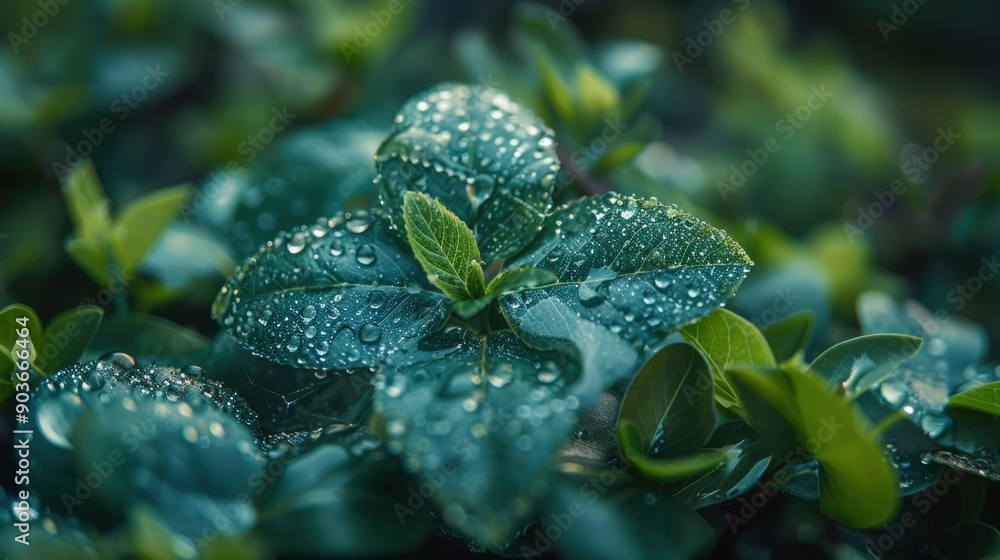 Close-up of Dew-Covered Green Leaves in a Lush Garden Close-up of Dew-Covered Green Leaves in a Lush Garden
