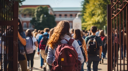 Students eagerly entering school gates, backpacks slung over shoulders