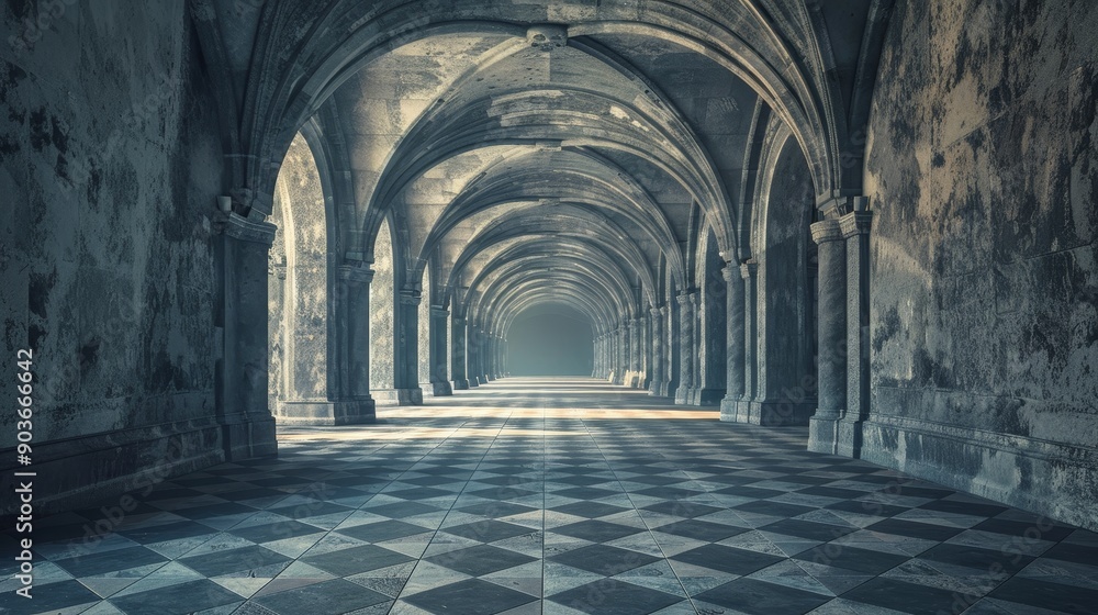 Fototapeta premium A long, vaulted corridor with checkered floor and stone pillars, bathed in soft, mysterious light.