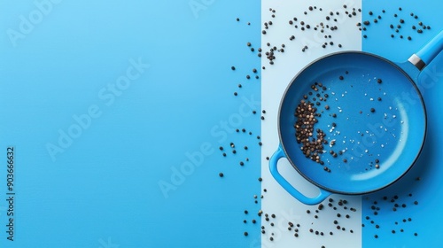 Blue Non-Stick Frying Pan with Black Peppercorns on Blue and White Background - Overhead View photo