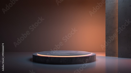 A minimalist circular podium with a glowing rim, set against a dark, abstract backdrop. Perfect for showcasing products or concepts.
