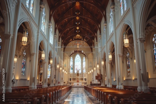 Empty Church Interior with Wooden Pews and Stained Glass Windows