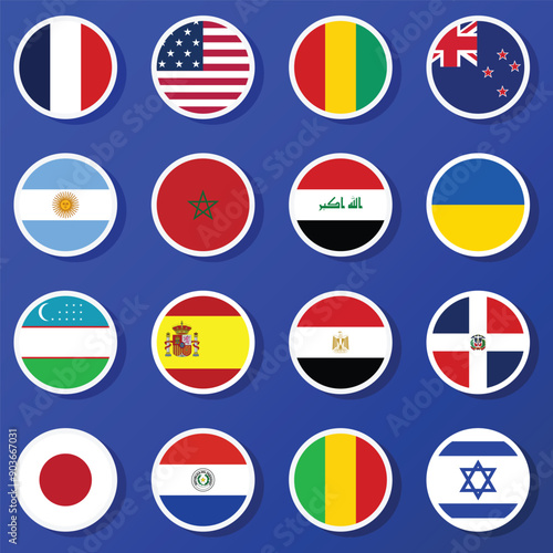 Participants of the men's football tournament 2024 in Paris. Round flat flag icons with shadows underneath