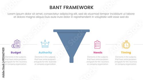 bant sales framework methodology infographic with funnel shape with horizontal point description with 4 point list for slide presentation