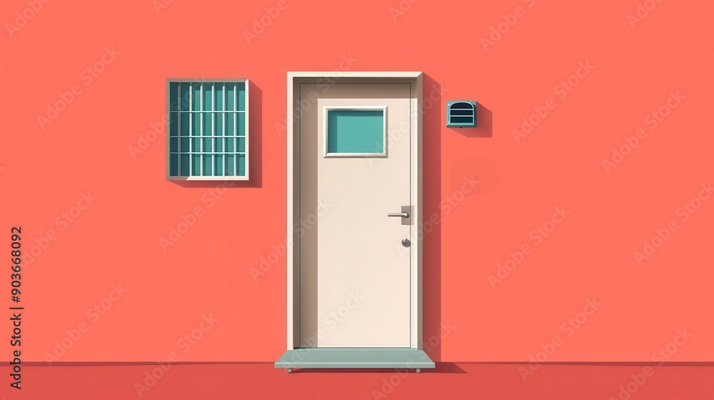 Single jail cell, steel door and small window, flat design illustration Single jail cell, steel door and small window, flat design illustration