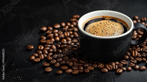 Freshly Brewed Black Coffee in a Black Cup Surrounded by Roasted Coffee Beans on a Dark Background