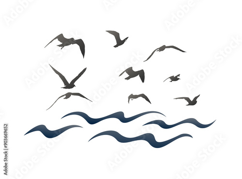 The blue sea symbol with flying birds.