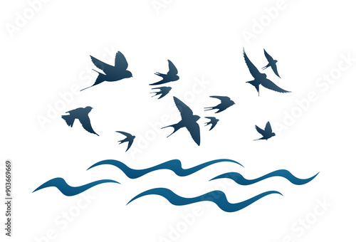 The blue sea symbol with flying birds.