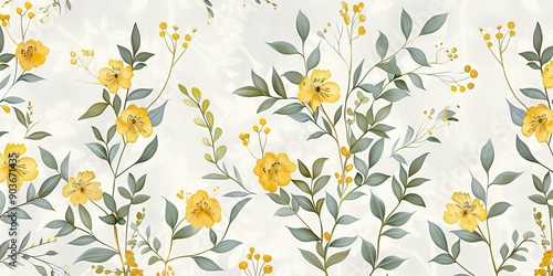 Seamless pattern of decorative plants with yellow flowers on a light background. Fresco, mural Wallpaper for interior printing, Generative AI