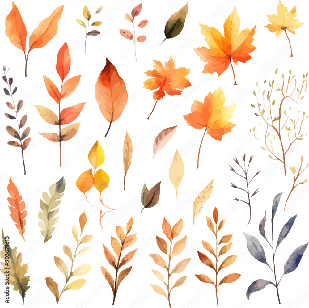 Obraz premium Fall Branches Set Watercolor Design Vector Illustration.
