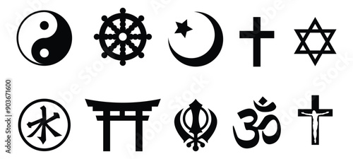 set of symbols of religions, Islam, Christian, Buddhist, Hindu, etc.