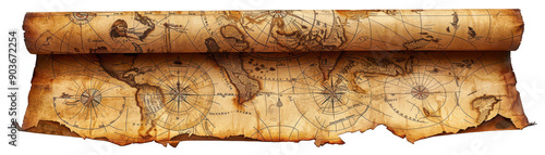 Ancient World Map Scroll Unrolled Shows Detailed Nautical Exploration Routes