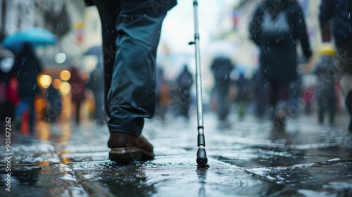 A man is walking down the street with a cane in his hands. A blind man is walking down the street. International White Cane Day