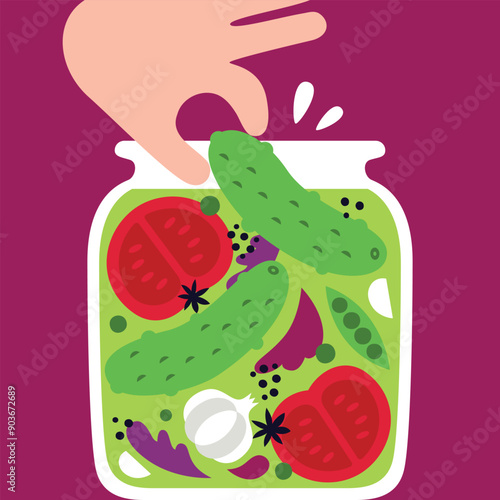 Modern vector flat card with the hand that reaches into the jar of pickles with cucumber, tomato, lettuce leaves, green peas, garlic, salt, spices, cloves. Healthy food tasty illustration