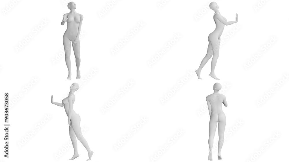 Female Mannequin in Upright Pose with Raised Hand Isolated on Transparent Background. Multiple Views (Front, Side, Back) Female Mannequin in Upright Pose with Raised Hand Isolated on Transparent Background. Multiple Views (Front, Side, Back)