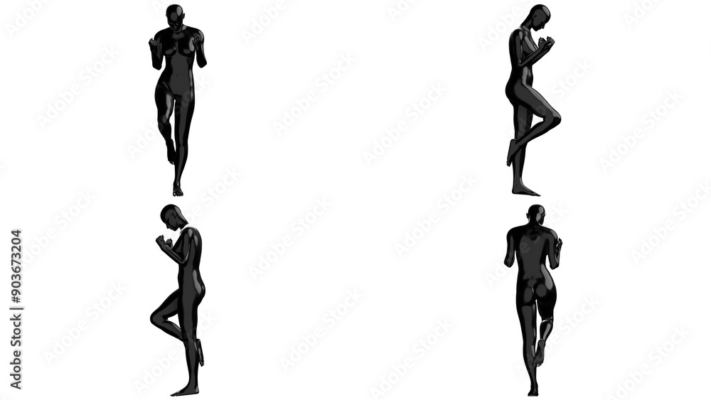Black Female Mannequin in Confident Walking Pose, Isolated on Transparent Background. Multiple Views (Front, Side, Back) Black Female Mannequin in Confident Walking Pose, Isolated on Transparent Background. Multiple Views (Front, Side, Back)