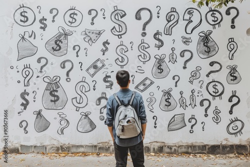 A Man Contemplating a Wall of Dollar Signs and Question Marks