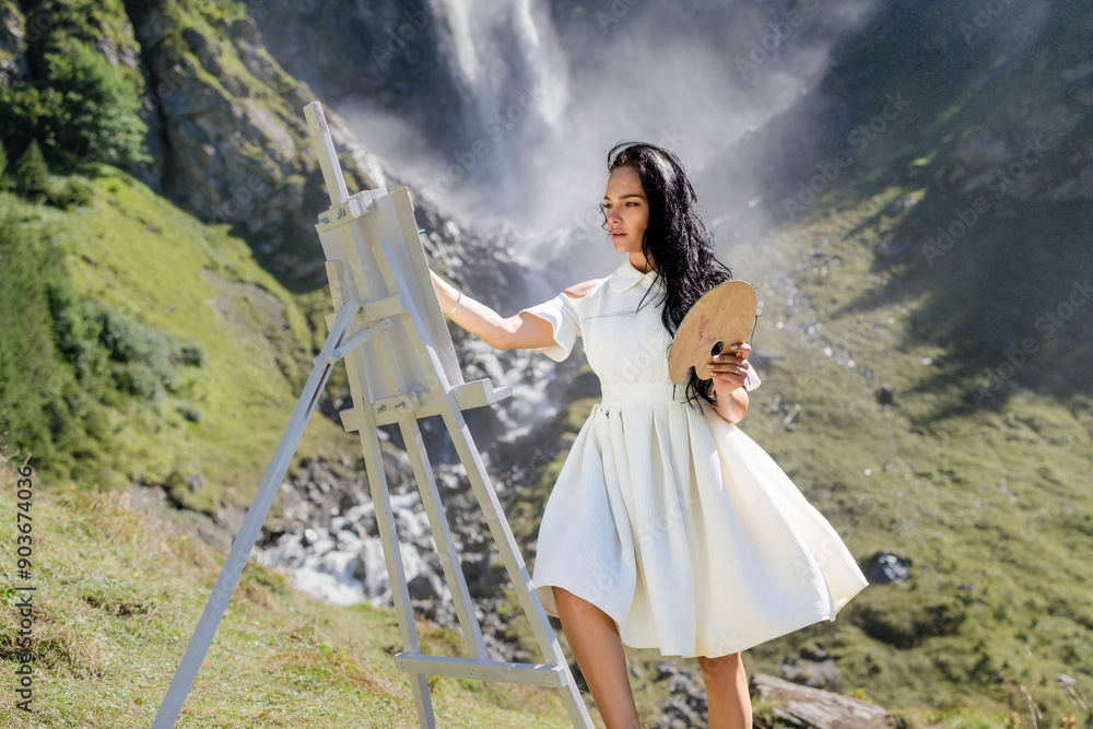 Naklejka premium Artist painting an nature landscape. Beauty woman drawing outdoor. Woman artist draw pictures in waterfall. Female artist paints a picture on canvas. Painting Outdoors. Girl with Canvas Brushes.