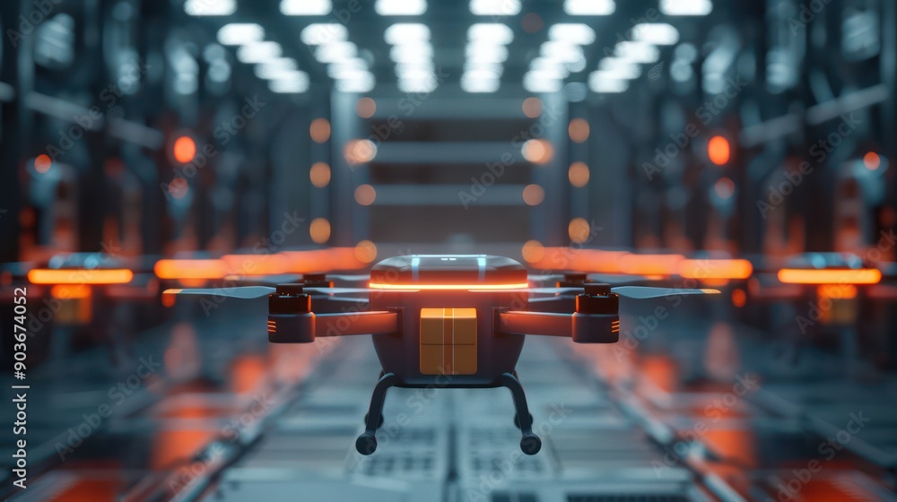 Obraz premium Futuristic drone docking station with drones charging and loading packages